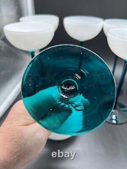 VINTAGE CARLO MORETTI WHITE & EMERALD GREEN LONG STEM GLASSES Set Of 8