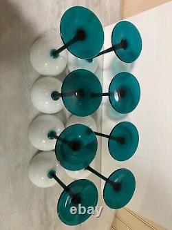 VINTAGE CARLO MORETTI WHITE & EMERALD GREEN LONG STEM GLASSES Set Of 8