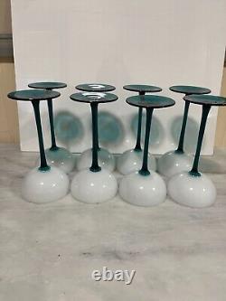 VINTAGE CARLO MORETTI WHITE & EMERALD GREEN LONG STEM GLASSES Set Of 8