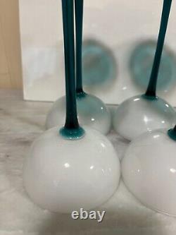 VINTAGE CARLO MORETTI WHITE & EMERALD GREEN LONG STEM GLASSES Set Of 8