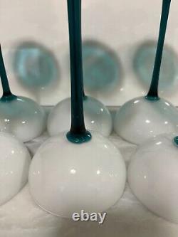 VINTAGE CARLO MORETTI WHITE & EMERALD GREEN LONG STEM GLASSES Set Of 8