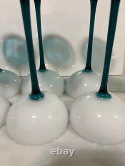 VINTAGE CARLO MORETTI WHITE & EMERALD GREEN LONG STEM GLASSES Set Of 8