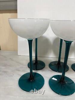 VINTAGE CARLO MORETTI WHITE & EMERALD GREEN LONG STEM GLASSES Set Of 8