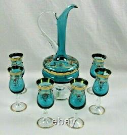 VINTAGE Decanter & 6 Glasses Wine Goblets 12 Teal with ruby gems ITALY