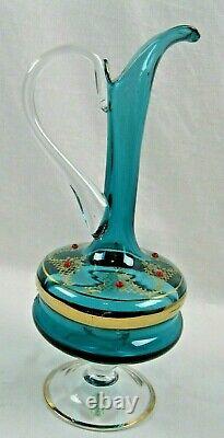 VINTAGE Decanter & 6 Glasses Wine Goblets 12 Teal with ruby gems ITALY