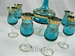 VINTAGE Decanter & 6 Glasses Wine Goblets 12 Teal with ruby gems ITALY