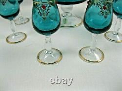 VINTAGE Decanter & 6 Glasses Wine Goblets 12 Teal with ruby gems ITALY