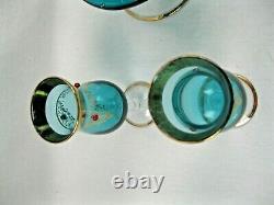 VINTAGE Decanter & 6 Glasses Wine Goblets 12 Teal with ruby gems ITALY