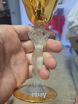 VINTAGE RARE 2 Bayel Bacchante Gold Nude Woman Stemmed Wine Glasses Goblets
