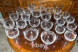 VTG 24 Crystal Glass Set Etched Berry Leaf Wine Goblet Champagne Sherry Portugal