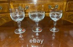 VTG 24 Crystal Glass Set Etched Berry Leaf Wine Goblet Champagne Sherry Portugal