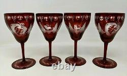 VTG 4 Lot Egermann Ruby Red Cut to Clear Bohemian Stag Castle Wine Glasses DL21