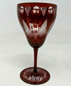VTG 4 Lot Egermann Ruby Red Cut to Clear Bohemian Stag Castle Wine Glasses DL21