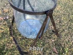 VTG 5 Gallon blue Glass tipping Drinking Water Bottle Jug Wine Beer iron stand