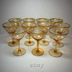 VTG Amber Wine Glasses with Gilt Rim & Etched Design, Set of 11, MCM Barware