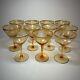 VTG Amber Wine Glasses with Gilt Rim & Etched Design, Set of 11, MCM Barware