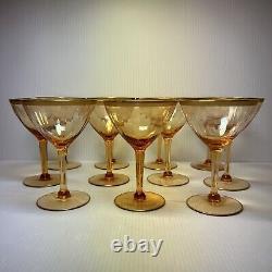 VTG Amber Wine Glasses with Gilt Rim & Etched Design, Set of 11, MCM Barware