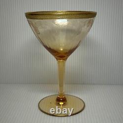 VTG Amber Wine Glasses with Gilt Rim & Etched Design, Set of 11, MCM Barware