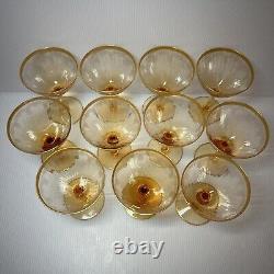 VTG Amber Wine Glasses with Gilt Rim & Etched Design, Set of 11, MCM Barware