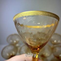 VTG Amber Wine Glasses with Gilt Rim & Etched Design, Set of 11, MCM Barware