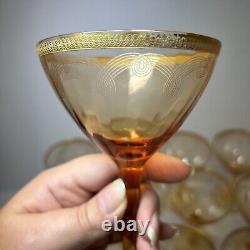 VTG Amber Wine Glasses with Gilt Rim & Etched Design, Set of 11, MCM Barware