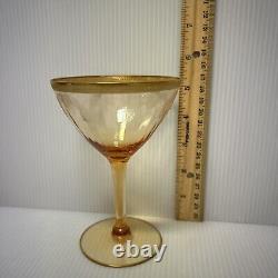 VTG Amber Wine Glasses with Gilt Rim & Etched Design, Set of 11, MCM Barware