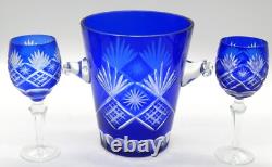 VTG Bohemian Czech Cobalt Blue Cut Glass Ice Bucket With 2 Goblet Glasses