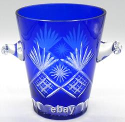 VTG Bohemian Czech Cobalt Blue Cut Glass Ice Bucket With 2 Goblet Glasses