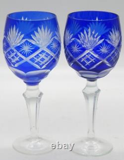 VTG Bohemian Czech Cobalt Blue Cut Glass Ice Bucket With 2 Goblet Glasses