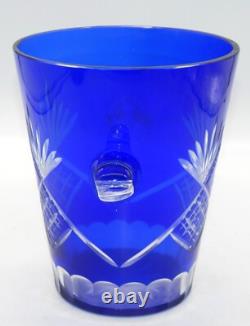 VTG Bohemian Czech Cobalt Blue Cut Glass Ice Bucket With 2 Goblet Glasses