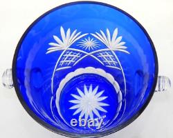 VTG Bohemian Czech Cobalt Blue Cut Glass Ice Bucket With 2 Goblet Glasses