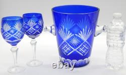 VTG Bohemian Czech Cobalt Blue Cut Glass Ice Bucket With 2 Goblet Glasses