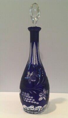 VTG Bohemian Czech Crystal Cobalt Blue Cut To Clear Wine Decanter 15 w Stopper