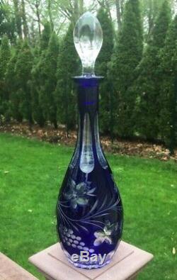 VTG Bohemian Czech Crystal Cobalt Blue Cut To Clear Wine Decanter 15 w Stopper