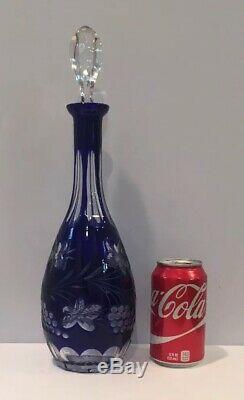 VTG Bohemian Czech Crystal Cobalt Blue Cut To Clear Wine Decanter 15 w Stopper