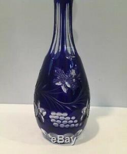 VTG Bohemian Czech Crystal Cobalt Blue Cut To Clear Wine Decanter 15 w Stopper