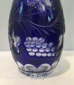 VTG Bohemian Czech Crystal Cobalt Blue Cut To Clear Wine Decanter 15 w Stopper