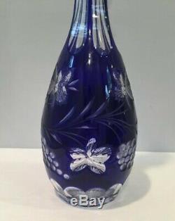 VTG Bohemian Czech Crystal Cobalt Blue Cut To Clear Wine Decanter 15 w Stopper