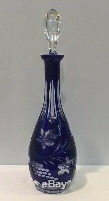 VTG Bohemian Czech Crystal Cobalt Blue Cut To Clear Wine Decanter 15 w Stopper