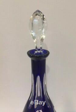 VTG Bohemian Czech Crystal Cobalt Blue Cut To Clear Wine Decanter 15 w Stopper