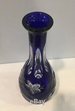 VTG Bohemian Czech Crystal Cobalt Blue Cut To Clear Wine Decanter 15 w Stopper