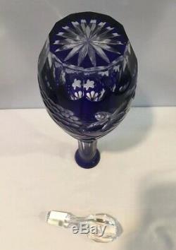 VTG Bohemian Czech Crystal Cobalt Blue Cut To Clear Wine Decanter 15 w Stopper