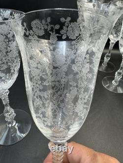 VTG. Cambridge Rose Point Etched set of 6 Wine Water /Goblet Glasses 8 1/4 tall