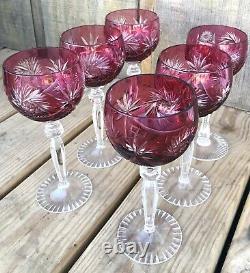 VTG Czech Bohemian pink Cut To Clear Art Glass Wine Goblets