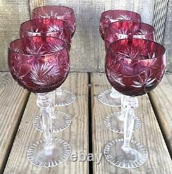 VTG Czech Bohemian pink Cut To Clear Art Glass Wine Goblets