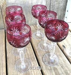 VTG Czech Bohemian pink Cut To Clear Art Glass Wine Goblets