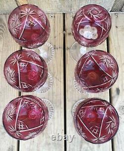 VTG Czech Bohemian pink Cut To Clear Art Glass Wine Goblets