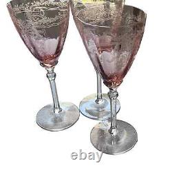 VTG Fostoria June Pink Water Goblet or Wine Champagne Blown Glass set 3 glasses