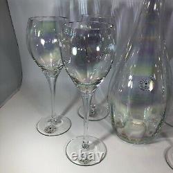 Vintage Hand Blown Toscany Etched Glass Wine Decanter and Long Stemmed Wine Glasses