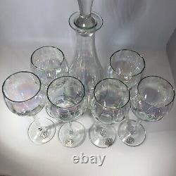 VTG HAND BLOWN TOSCANY RAINBOW WINE SET 6 GLASSES & DECANTER WithSTOPPER ROMANIA